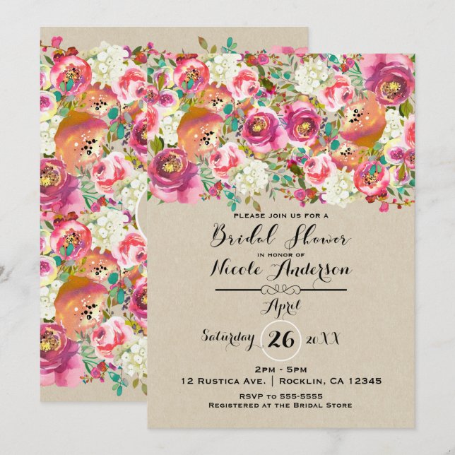 Convite Chá de Bebê Floral Elegante & Kraft Shabby Chic (Frente/Verso)