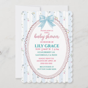 Convite Chá de Bebê Floral Elegante Laço Azul Shabby Chic