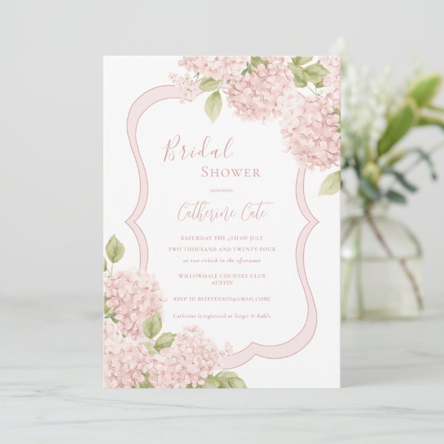 Convite Chá de Bebê Floral Elegante Rosa Hydrangea (Em pé/Frente)