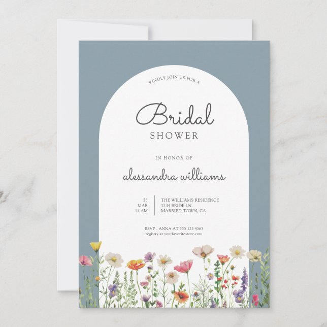 Convite Chá de Bebê Floral em Aquarela Azul (Frente)