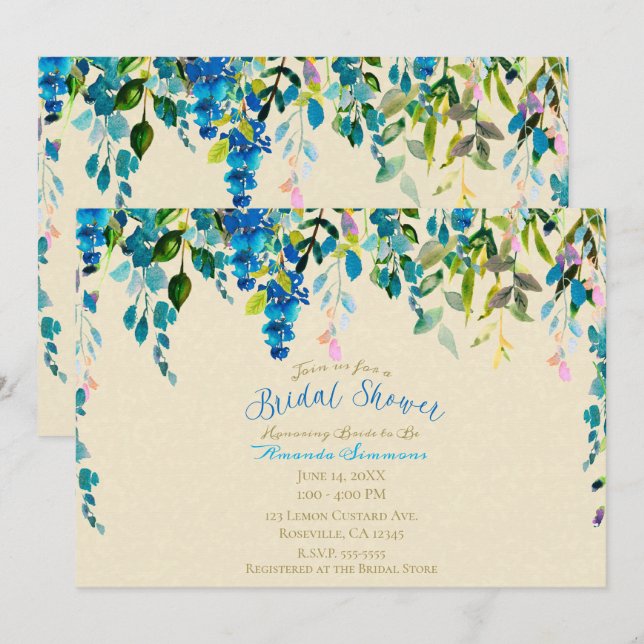 Convite Chá de Bebê Floral em Aquarela Azul Creme (Frente/Verso)