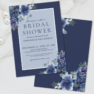 Convite Chá de Bebê Floral em Aquarela Azul Elegante