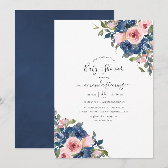 Convite Chá de Bebê Floral em Aquarela Azul Marinho e Rosa (Frente/Verso)