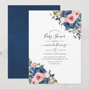 Convite Chá de Bebê Floral em Aquarela Azul Marinho e Rosa