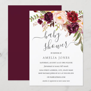 Convite Chá de Bebê Floral em Aquarela Burgundy Moderno
