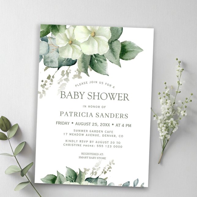 Convite Chá de bebê floral em aquarela com verde eucalipto (Criador carregado)