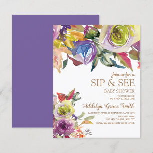 Convite Chá de Bebê Floral em Aquarela Dourado Roxo