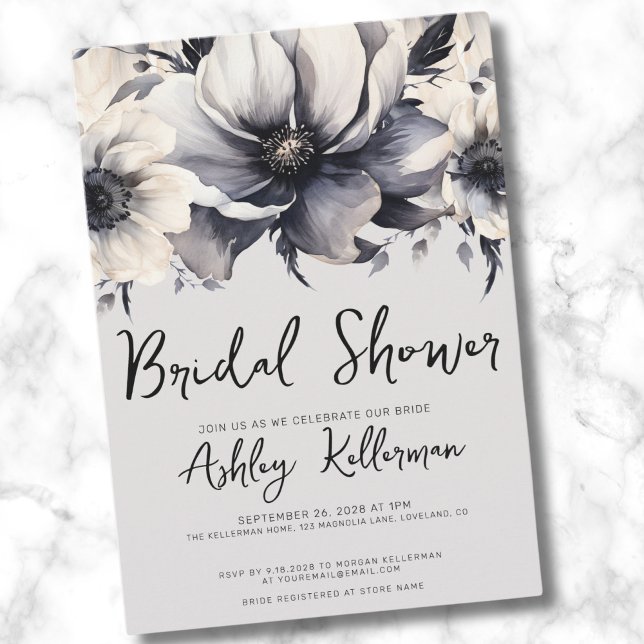 Convite Chá de Bebê Floral em Aquarela Elegante (Chic Watercolor Elegant Floral Gray Bridal Shower Invitation)