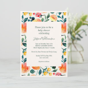 Convite Chá de Bebê Floral em Aquarela Laranja Pêssego Pri