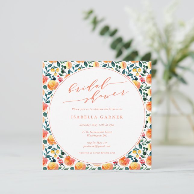 Convite Chá de Bebê Floral em Aquarela Laranja Rústica (Em pé/Frente)