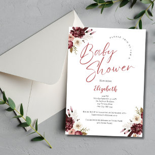 Convite Chá de Bebê Floral em Aquarela Rosa Borgonha