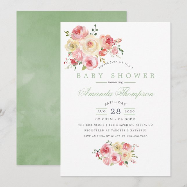Convite Chá de Bebê Floral em Aquarela Rosa e Sage (Frente/Verso)