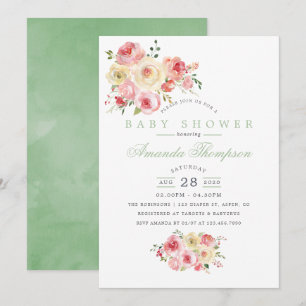 Convite Chá de Bebê Floral em Aquarela Rosa e Sage