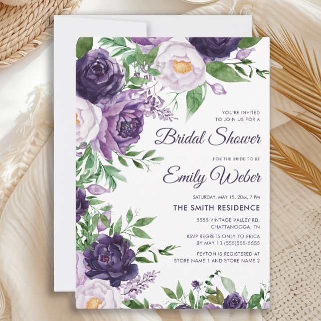 Convite Chá de Bebê Floral em Aquarela Roxa Lavanda (Elegant purple and lavender floral bridal shower invitation)