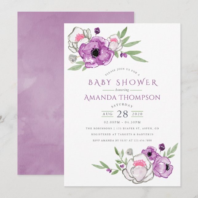 Convite Chá de Bebê Floral em Aquarela Violeta e Sage (Frente/Verso)