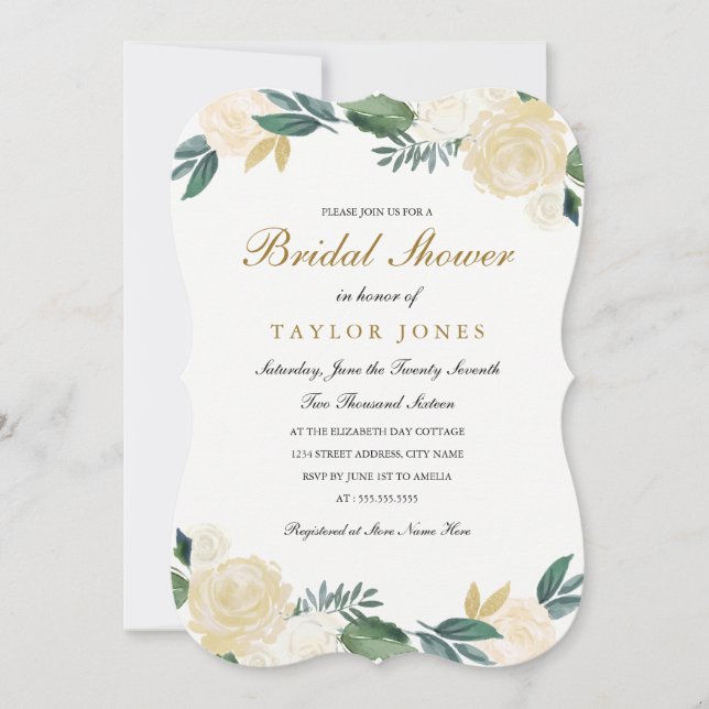 Convite Chá de Bebê Floral em Ouro Branco Elegante (Frente)