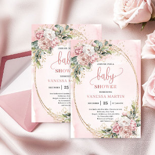 Convite Chá de Bebê Floral em Rosa Dourado Feminino 