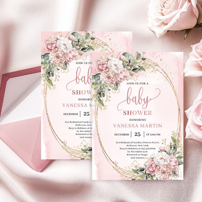 Convite Chá de Bebê Floral em Rosa Dourado Feminino  (Feminine Rose Gold Floral Eucalyptus Baby Shower Girl)