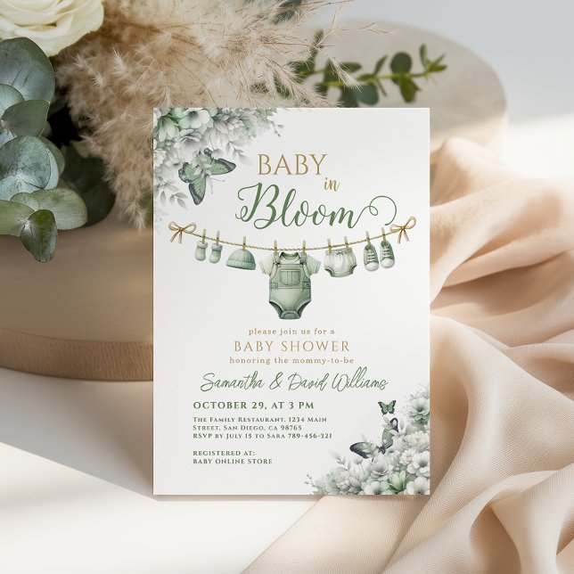 Convite Chá de Bebê Floral em Verde Sage Baby in Bloom (Criador carregado)