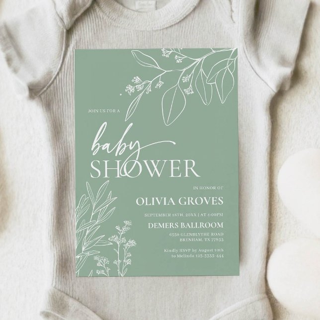 Convite Chá de Bebê Floral em Verde Salvia (Criador carregado)