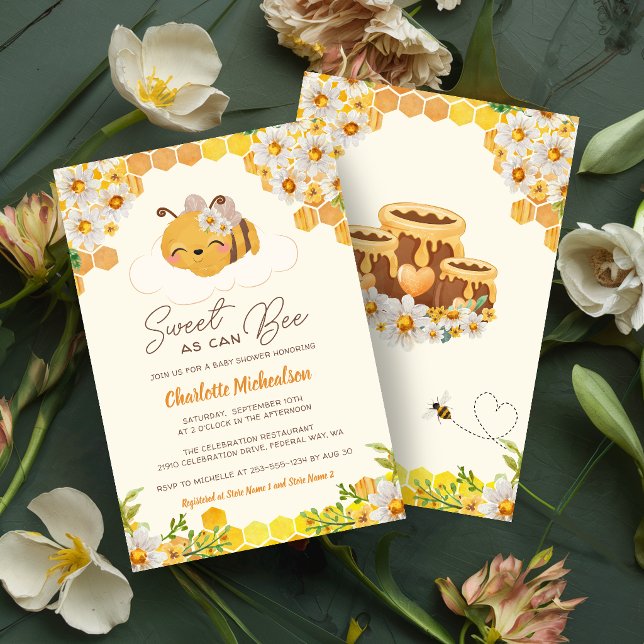 Convite Chá de Bebê Floral Favo de Mel Doce Como Abelha (Sweet As Can Bee Baby Shower Floral Honeycomb Invitation)