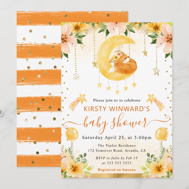 Convite Chá de Bebê Floral Fox na Lua em Aquarela Fofa (Frente/Verso)