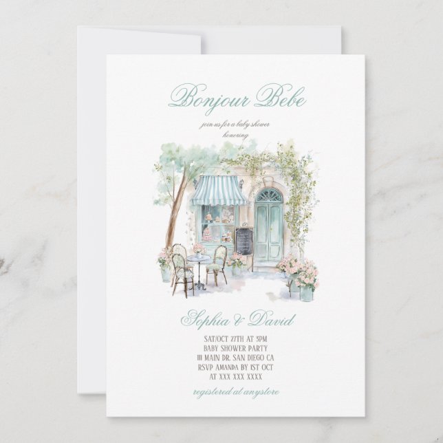 Convite Chá de Bebê Floral Francês Bonjour Bebe (Frente)
