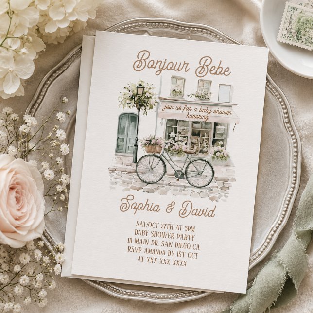 Convite Chá de Bebê Floral Francês Bonjour Bebe (Criador carregado)