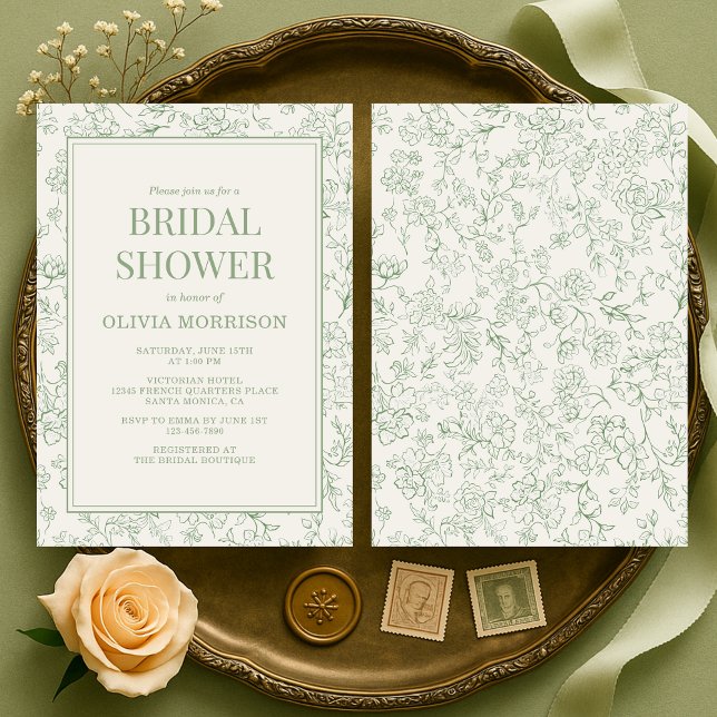 Convite Chá de Bebê Floral Francês Verde Sage Marfim (Criador carregado)