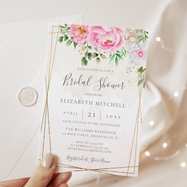 Convite Chá de Bebê Floral Geométrico em Aquarela Rosa (Criador carregado)