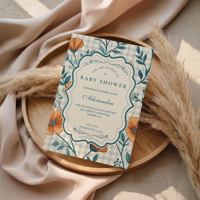 Convite Chá de Bebê Floral Gingham Pêssego (Criador carregado)
