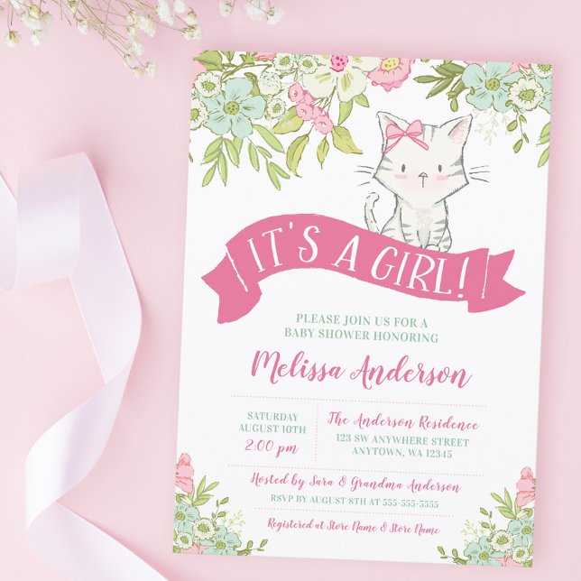 Convite Chá de Bebê Floral Kitty Girl (Criador carregado)