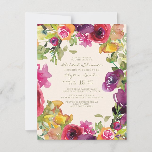 Convite Chá de Bebê Floral Laranja Amarelo Roxo (Frente)