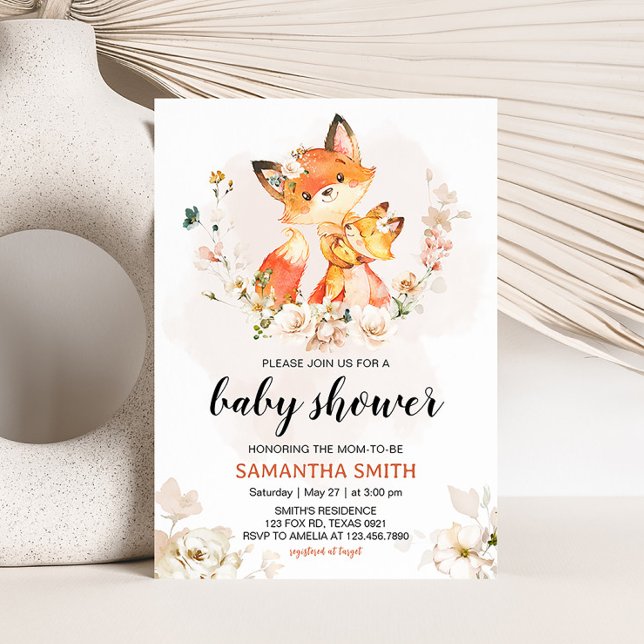 Convite Chá de Bebê Floral Laranja Raposa  (Fox Baby Shower Invitation)