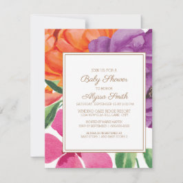 Convite Chá de Bebê Floral Laranja Roxo Rosa