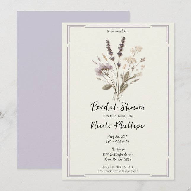 Convite Chá de Bebê Floral Lavanda Delicada Nupcial (Frente/Verso)