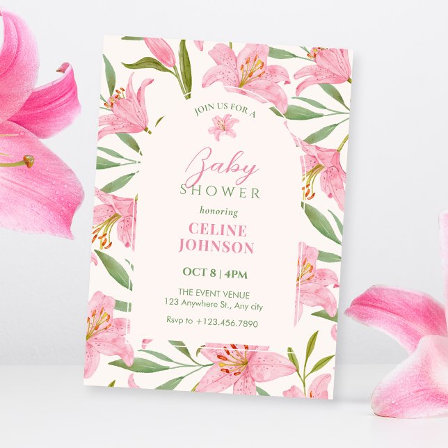 Convite Chá de bebê floral pastel lírio rosa verde (Criador carregado)