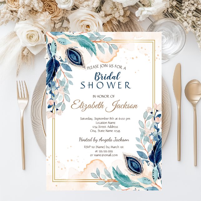 Convite Chá de Bebê Floral Pavão Aquarela (Criador carregado)