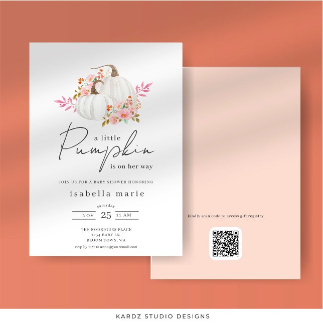 Convite Chá de Bebê Floral Pequena Abóbora (Front and back of invitation shown in 5 x 7 in. Select corner and paper style before checkout.)