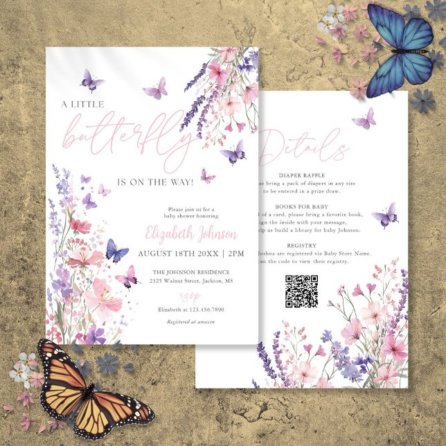 Convite Chá de Bebê Floral Pequena Borboleta Tudo em Um (A Little Butterfly Floral Baby Shower All In One Invitation)