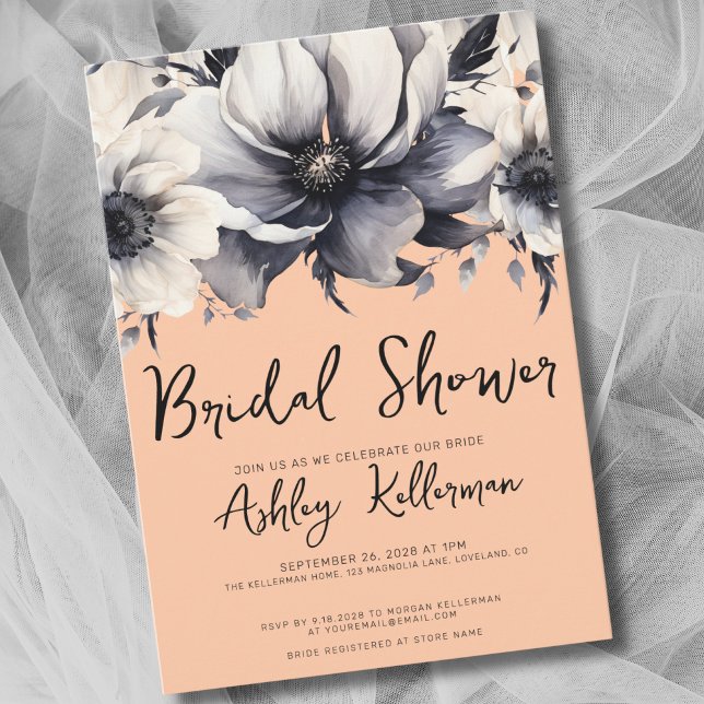 Convite Chá de Bebê Floral Pêssego (Chic Watercolor Elegant Floral Peach Bridal Shower Invitation)