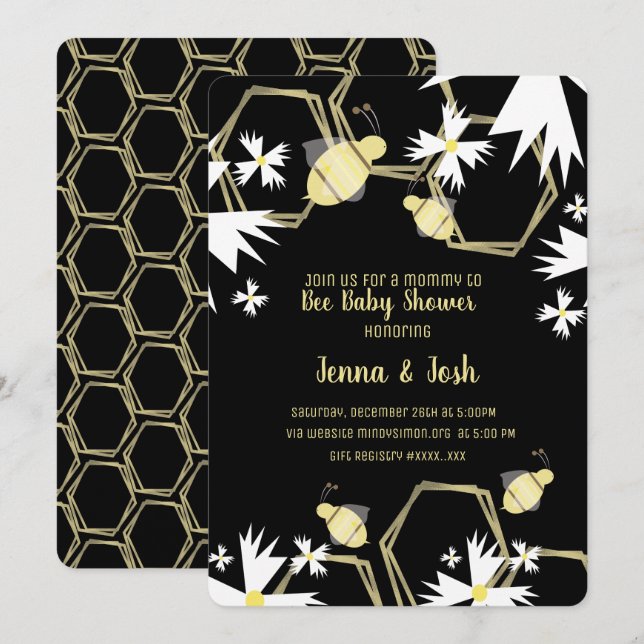 Convite Chá de Bebê Floral Preto e Amarelo Abelha e Margar (Frente/Verso)