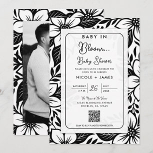 Convite Chá de Bebê Floral Preto e Branco Ousado