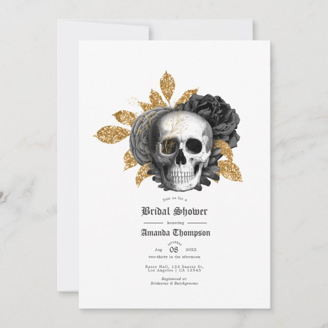 Convite Chá de Bebê Floral Preto e Dourado Crânio Gótico N (Frente)