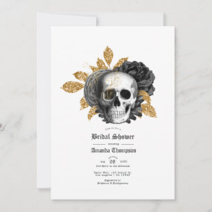 Convite Chá de Bebê Floral Preto e Dourado Crânio Gótico N