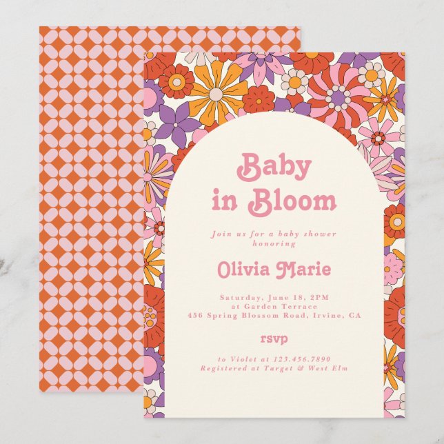 Convite Chá de Bebê Floral Retrô Groovy Baby in Bloom (Frente/Verso)