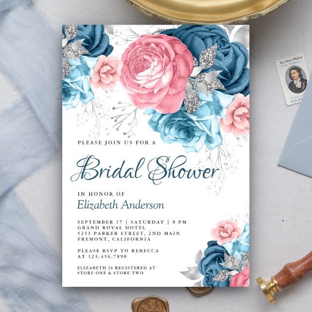 Convite Chá de Bebê Floral Rosa Azul Empoeirado Rústico (Criador carregado)