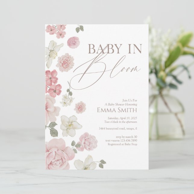 Convite Chá de Bebê Floral Rosa Baby In Bloom (Em pé/Frente)