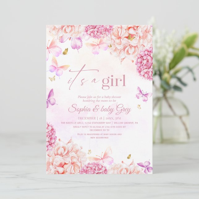 Convite Chá de Bebê Floral Rosa Bege Dourado Bonito (Em pé/Frente)
