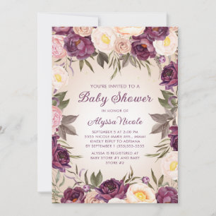 Convite Chá de Bebê Floral Rosa Bege Roxo Vintage 